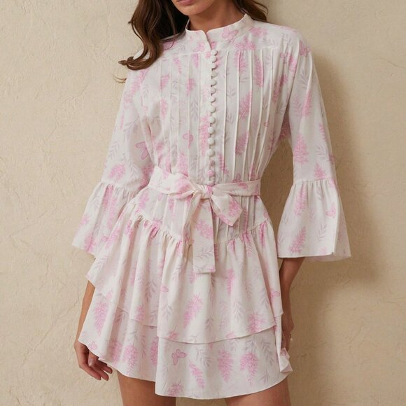 Pink Boho Women's Elegant Floral Dress with Round Neck - Picture 4 of 7